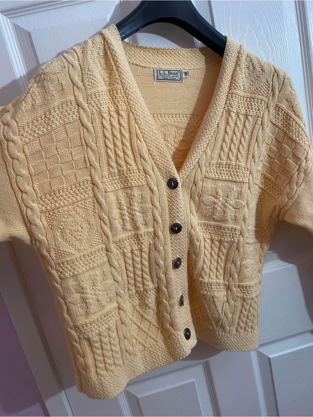 L.L. Bean Women's Pale Yellow Textured Cable Knit Cardigan - Picture 2 of 5